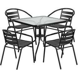 Flash Furniture 31.5 Square Glass Metal Table with 4 Black Metal Aluminum Slat Stack Chairs