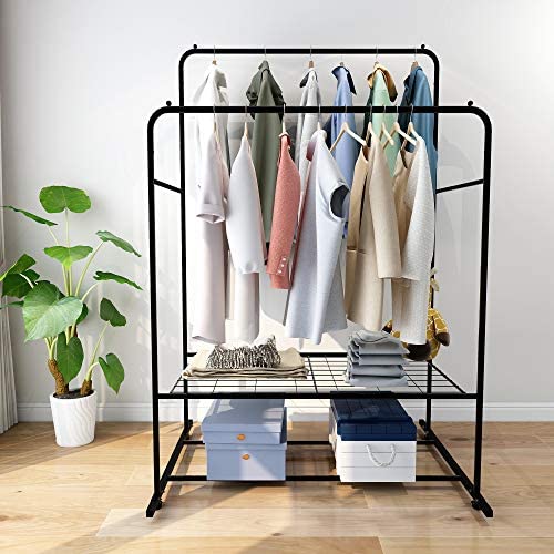 Double Rail Clothes Rack Metal Garment Rack with 2-Tier Bottom Shelves Portable Space-Saving Hanger Hanging, Black