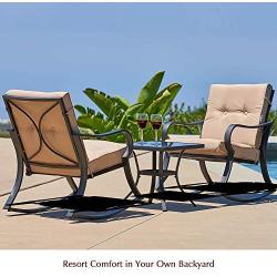 SUNCROWN Outdoor 3-Piece Rocking Chairs Bistro Set, Black Steel Patio Furniture with Brown Thickened Cushion and Glass-Top Coffee Table