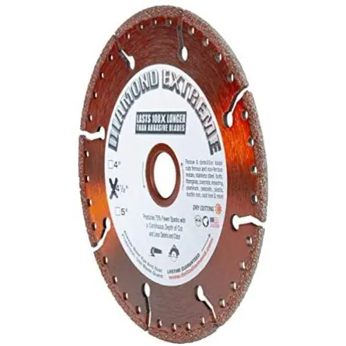 Diamond Extreme 4 1/2-Inch All Purpose Heavy Duty Metal Cutting Diamond Blade for Rebar, Ductile Pipe, Angle Iron, Steel Plating and Similar Materials, for use with Hand-Held Angle Grinders (4.5'' X .100 X 7/8''-5/8'') Diamond Extreme 4 1/2-Inch All Purpose Heavy Duty Metal Cutting Diamond Blade for Rebar, Ductile Pipe, Angle Iron, Steel Plating and Similar Materials, for use with Hand-Held Angle Grinders (4.5'' X .100 X 7/8''-5/8'')