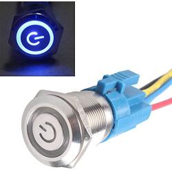 ESUPPORT 16mm 12V 3A Power Symbol Angel Eye Halo Car Blue LED Light Metal Push Button Toggle Switch Socket Plug Wire