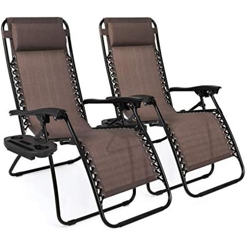 Best Choice Products Set of 2 Adjustable Steel Mesh Zero Gravity Lounge Chair Recliners w/Pillows and Cup Holder Trays, Brown