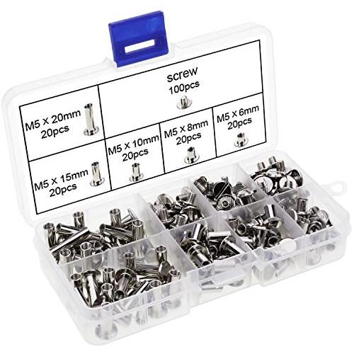 AuSL 100 Sets Silvery Chicago Screws Assorted Kit 1/4 5/16 3/8 9/16 3/4 Inches Screw Metal Round Cross Head Stud Screw Posts Nail Rivet Chicago Button for DIY Decoration Leather Bookbinding Crafts