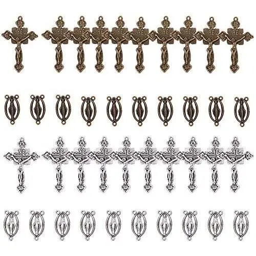 SUNNYCLUE 40PCS Tibetan Style Rosary Cross and Center Miraculous Medal with Alloy Cross Pendants and Oval Chandelier Links for Rosary Beads Necklace Making Mixed Color