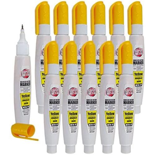 12 Pc Set Yellow Fine Tip Pump Squeeze Super Met-Al Paint Marker Pens Metal Stone Glass Rubber Plastic for Industrial Auto Art Trade AutoAndArt