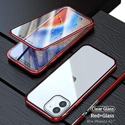 HENGHUI Case Compatible with iPhone 12 Mini Magnetic Clear Glass Case ，Aluminum Metal Bumper 360 Full-Body Protecive Cover Built-in Screen Protector (Red, iPhone12Mini)