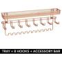 mDesign Decorative Metal Closet Wall Mount Jewelry Accessory Organizer for Storage of Necklaces, Bracelets, Rings, Earrings, Sunglasses, Wallets - 8 Large /11 Small Hooks, 1 Basket - Rose Gold
