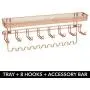 mDesign Decorative Metal Closet Wall Mount Jewelry Accessory Organizer for Storage of Necklaces, Bracelets, Rings, Earrings, Sunglasses, Wallets - 8 Large /11 Small Hooks, 1 Basket - Rose Gold