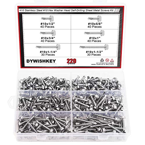 DYWISHKEY 220 Pieces 410 Stainless Steel #10 Hex Washer Head Self Drilling Sheet Metal Screws Assortment Kit DYWISHKEY 220 Pieces 410 Stainless Steel #10 Hex Washer Head Self Drilling Sheet Metal Screws Assortment Kit