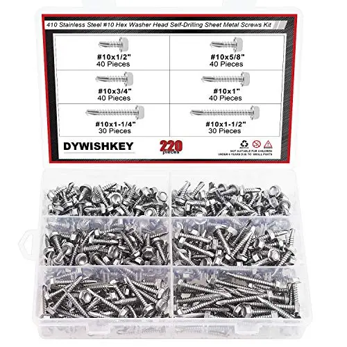 DYWISHKEY 220 Pieces 410 Stainless Steel #10 Hex Washer Head Self Drilling Sheet Metal Screws Assortment Kit DYWISHKEY 220 Pieces 410 Stainless Steel #10 Hex Washer Head Self Drilling Sheet Metal Screws Assortment Kit