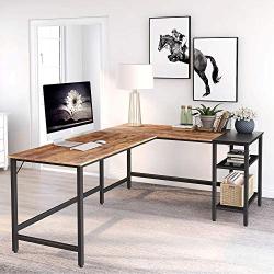 CubiCubi L Shape Computer Desk with Storage Shelf Study Writing Table for Home Office, Modern Simple Style PC Desk, Black Metal Frame, Rustic