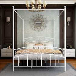 JURMERRY Queenl Size Metal Canopy Bed Frame with Ornate European Style Headboard & Footboard Sturdy Assembly All Parts Included (White, Queen)