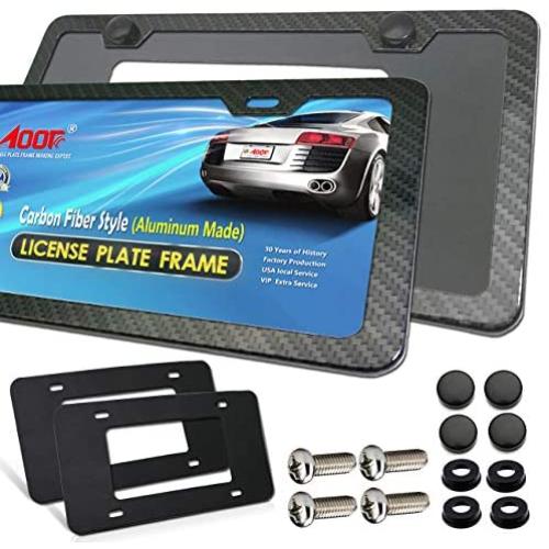 Aootf Carbon Fiber License Plate Frame- Aluminum 2 Pack 2 Holes Black License Plate Frames for US Vehicles, Front & Rear Holder with Screws,Black Screw Caps and 2Pcs Backed Foam Anti-Rattle Pads