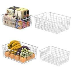 Wire Storage Basket, F-color Metal Household Storage Organizer Bin with 4 Built-in Handles for Pantry, Shelf, Freezer, Kitchen Cabinet, Bathroom, 4 Pack, White