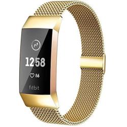 MioHHR Metal Bands Compatible with Fitbit Charge 3 / Charge 4 Bands for Women Men, Breathable Stainless Steel Replacement Wristband Accessories for Charge 3 SE Fitness Activity Tracker, Gold