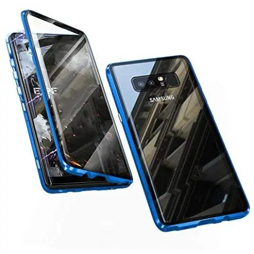 Compatible with Samsung Galaxy Note 8 Case, Jonwelsy 360 Degree Front and Back Transparent Tempered Glass Cover, Strong Magnetic Adsorption Technology Metal Bumper (Blue)