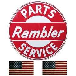 Rambler Parts Service Motor Oil Emblem Seal Vintage Gas Signs Reproduction Car Company Vintage Style Metal Signs Round Metal Tin Aluminum Sign Garage Home Decor With 2 American Flag Vinyl Decals