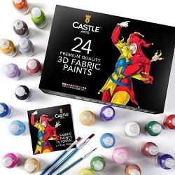 Castle Art Supplies 24 3D Fabric Paints Set for Children Adults Artists | Perfect for Clothing Canvas Glass Wood Metal | 29ml Bottles, Includes 3 Brushes | Non Toxic and Safe for Children