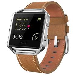 Andyou for Fitbit Blaze Bands Leather with Frame Small Large (5''-8.2''), Genuine Leather Replacement Band with Silver/Rose Gold/Black Metal Frame for Fitbit Blaze Women Men, Black, Brown, White, Gray.