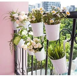 Dahey 8 Pcs Hanging Flower Pots Metal Iron Bucket Planter for Railing Fence Balcony Garden Home Decoration Flower Holders with Detachable Hooks, White, 4 Inches