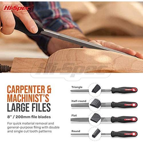Hi-Spec 17 Piece Carbon-Steel Hand & Needle File Tool Set. 4 Piece Large Flat, Half-Round, Round & Triangle & 12 Piece Fine Micro Needle Files for DIY Craftwork, Metal & Wood Work