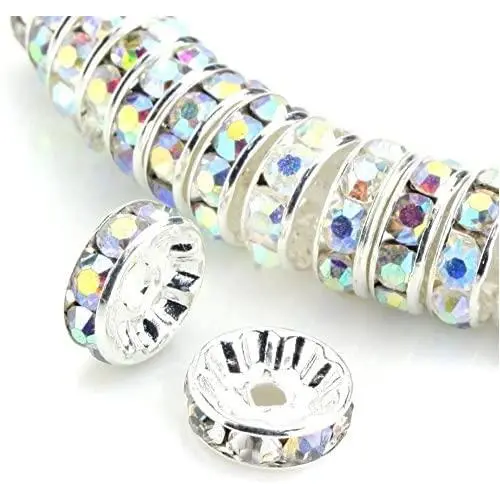 200pcs 6mm A Rhinestone Rondelle Spacer beads Crystal AB Austrian Crystal Sterling Silver Plated Brass Round Metal Beads CF1-602
