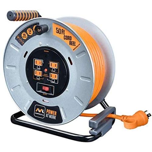 Masterplug Heavy Duty Metal Cord Reel with 4-120V 15amp Integrated Outlets and 12 Gauge High Visibility Cord (50ft)