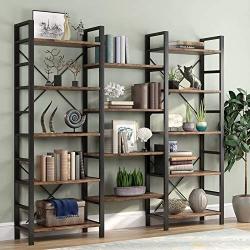 Tribesigns Triple Wide 5-Shelf Bookcase, Etagere Large Open Bookshelf Vintage Industrial Style Shelves Wood and Metal bookcases Furniture for Home & Office (Retro Brown)