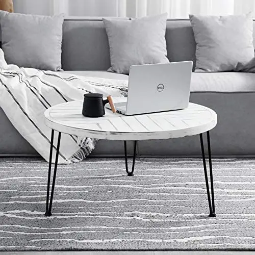 WELLAND Round Coffee Table, 30-inch Wood End Table, Modern Coffee Table with Metal Legs, Washed White, Rustic Accent Coffee Table with Special Pattern Design for Living Room, Bedroom, Home, Office