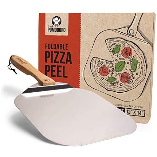 Chef Pomodoro Aluminum Metal Pizza Peel with Foldable Wood Handle for Easy Storage 12-Inch x 14-Inch, Gourmet Luxury Pizza Paddle for Baking Homemade Pizza Bread