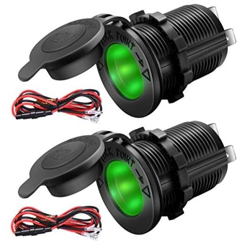 ZHSMS Universal 12V/24V Car Cigarette Lighter Socket Replacement with Green LED for Car Marine Motorcycle ATV RV and More, Waterproof, Pack of 2