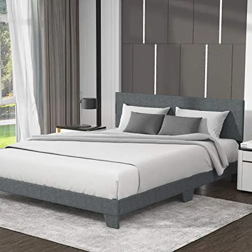 Allewie King Size Upholstered Platform Bed Frame with Headboard, Fabric Upholstered Mattress Foundation, Strong Wood Slat Support and Metal Legs, Box Spring Optional, Easy Assembly, Light Grey Allewie King Size Upholstered Platform Bed Frame with Headboard, Fabric Upholstered Mattress Foundation, Strong Wood Slat Support and Metal Legs, Box Spring Optional, Easy Assembly, Light Grey