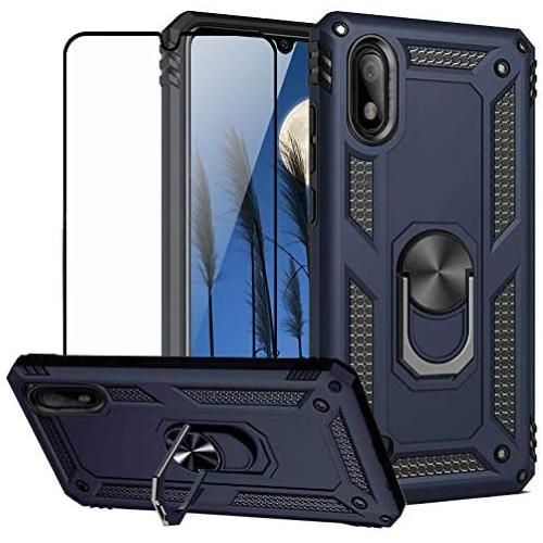 TJS Phone Case Compatible with Samsung Galaxy A10E 5.8'' (Not Fit Galaxy A10/M10), with [Full Coverage Tempered Glass Screen Protector] Resistant Defender Metal Ring Magnetic Support Cover (Blue)