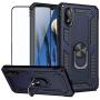 TJS Phone Case Compatible with Samsung Galaxy A10E 5.8'' (Not Fit Galaxy A10/M10), with [Full Coverage Tempered Glass Screen Protector] Resistant Defender Metal Ring Magnetic Support Cover (Blue)