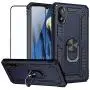 TJS Phone Case Compatible with Samsung Galaxy A10E 5.8'' (Not Fit Galaxy A10/M10), with [Full Coverage Tempered Glass Screen Protector] Resistant Defender Metal Ring Magnetic Support Cover (Blue)