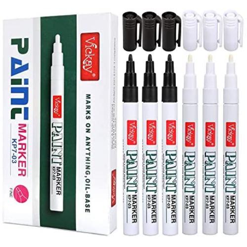 Paint Pens Black White Permanent Marker for Rock, Stone, Ceramic, Metal, Glass, Wood, Set of 6 Fine Point Oil Based Marker High Volume Ink for DIY Craft Quick Dry Christmas Gift