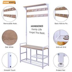 HOMEKOKO Coat Rack Shoe Bench, Hall Tree Entryway Storage Bench, Wood Look Accent Furniture with Metal Frame, 3-in-1 Design (White)