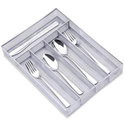 Flatware Organizers 5 Compartments, Metal Mesh Kitchen Utensil Drawer Cutlery Tray with 4 Foam Feet, Silver