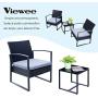 Viewee 3 Pieces Patio Rattan Sets, Modern Outdoor Furniture with 2 PE Rattan Chairs, 2 Thicker Cushions and 1 Square Metal Side Table for Indoor and Outdoor Porches, Decks and Balconies