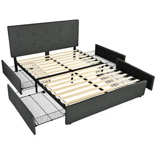 Amolife Upholstered Faux Linen Platform Bed with Storage Drawers / Platform Bed Frame with Adjustable Headboard and Wooden Slats Support / Button Tufted Mattress Foundation with Storage, Dark Grey Amolife Upholstered Faux Linen Platform Bed with Storage Drawers / Platform Bed Frame with Adjustable Headboard and Wooden Slats Support / Button Tufted Mattress Foundation with Storage, Dark Grey