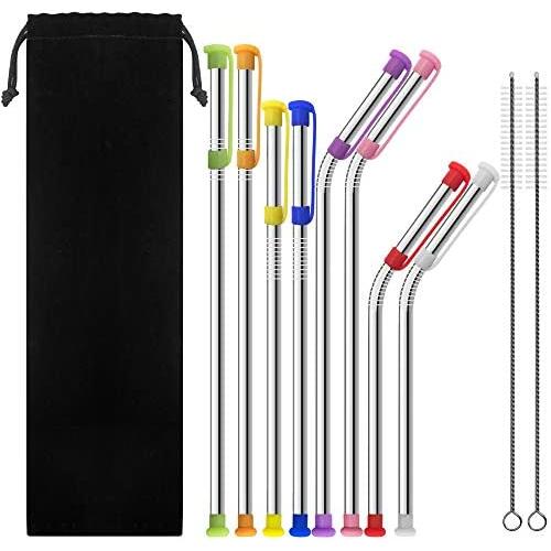 8 pcs Stainless Steel Straws with 8 Dust-proof Cover, SENHAI Bent + Straight Metal Drink Straw with Silicone Silencers Cap & 2 Brushes for 30 20 Ounce YETI Rambler Cup RTIC Ozark Trail