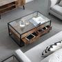 VASAGLE GLATAL Glass Coffee Table with 2 Drawers, Tempered Glass Top with Storage Shelf, Living Room, Lounge, Stable Steel Frame, Industrial, Rustic Brown and Black ULCT31BXV1