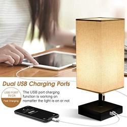 HOKEKI Bedside Table Lamp, with 2 Useful USB Ports, Black Charger Base with Beige Fabric Shade, Modern Desk Lamp for Bedroom, Living Room, Kids Room, Dorm, Office