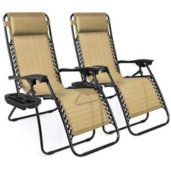 Best Choice Products Set of 2 Adjustable Steel Mesh Zero Gravity Lounge Chair Recliners w/Pillows and Cup Holder Trays, Beige