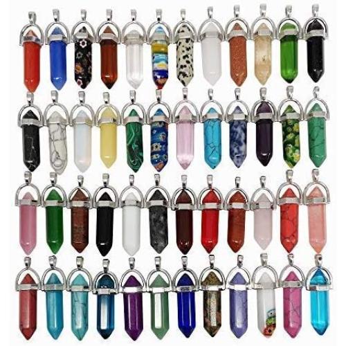 Chenkou Craft Assorted 40pcs Artificial Stone Bullet Shape Healing Pointed Chakra Beads Crystal Stone Charms Pendants for Necklace Jewelry Making Gift