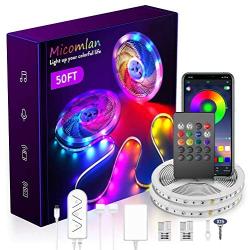 Micomlan 50ft/15M Led Strip Lights,Music Sync Color Changing RGB LED Strip Lights Built-in Mic, Bluetooth app Controlled LED Lights Rope Lights, 5050 RGB LED Light Strip(APP+Remote+Mic+3 Button )