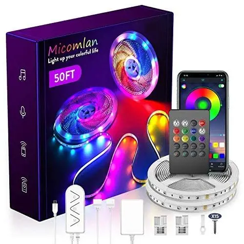 Micomlan 50ft/15M Led Strip Lights,Music Sync Color Changing RGB LED Strip Lights Built-in Mic, Bluetooth app Controlled LED Lights Rope Lights, 5050 RGB LED Light Strip(APP+Remote+Mic+3 Button ) Micomlan 50ft/15M Led Strip Lights,Music Sync Color Changing RGB LED Strip Lights Built-in Mic, Bluetooth app Controlled LED Lights Rope Lights, 5050 RGB LED Light Strip(APP+Remote+Mic+3 Button )