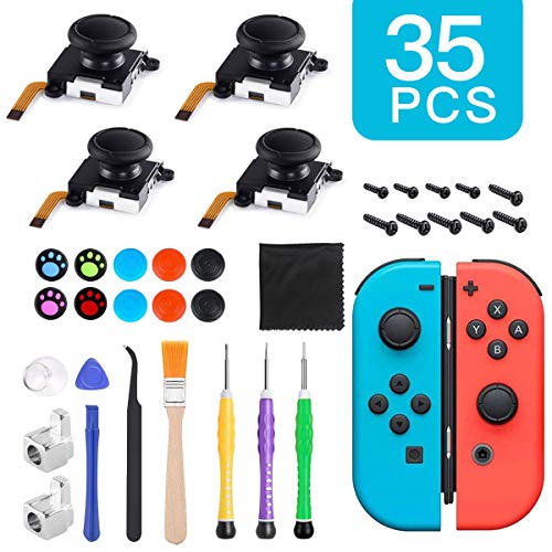 4 Pack 3D Joycon Joystick Replacement, Analog Thumb Stick for Nintendo Switch Joy Con, Full Repair Tool Set Include 4 Thumb 3D Sticks, 2 Metal Buckles, 3 Screwdriver, 2 Pry Tools, 10 Thumbstick Caps