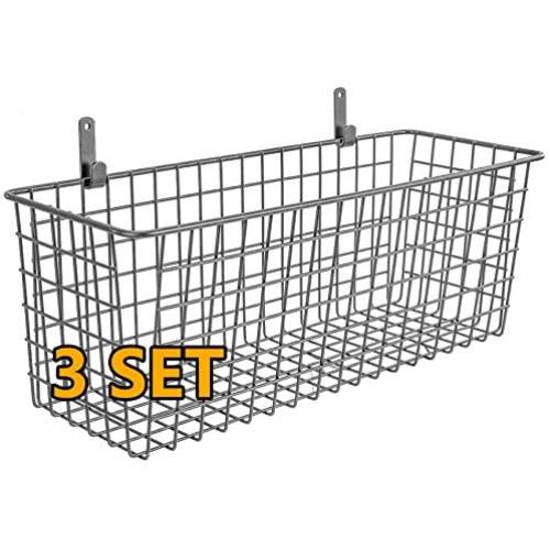 3 Set [Extra Large] Hanging Wall Basket for Storage, Wall Mount Sturdy Steel Wire Baskets, Metal Hang Cabinet Bin Wall Shelves, Rustic Farmhouse Decor, Kitchen Bathroom Organizer, Industrial Gray