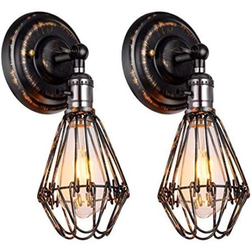 Industrial Wall Sconce, CHICLUX 2 Pack Rustic Metal Wire Cage Wall Lamp Fixture with Dimmable On/Off Switch for Bedroom Farmhouse Barn Porch, Oil Rubbed Bronze Finish